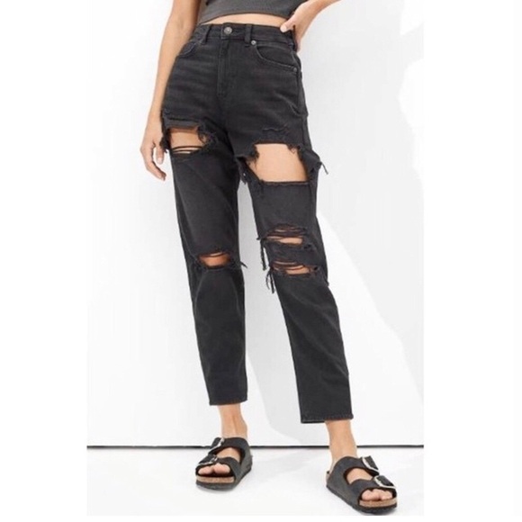 American Eagle 4 Mom Jeans Women’s High Rise Washed Black Distressed Ripped - Picture 1 of 10